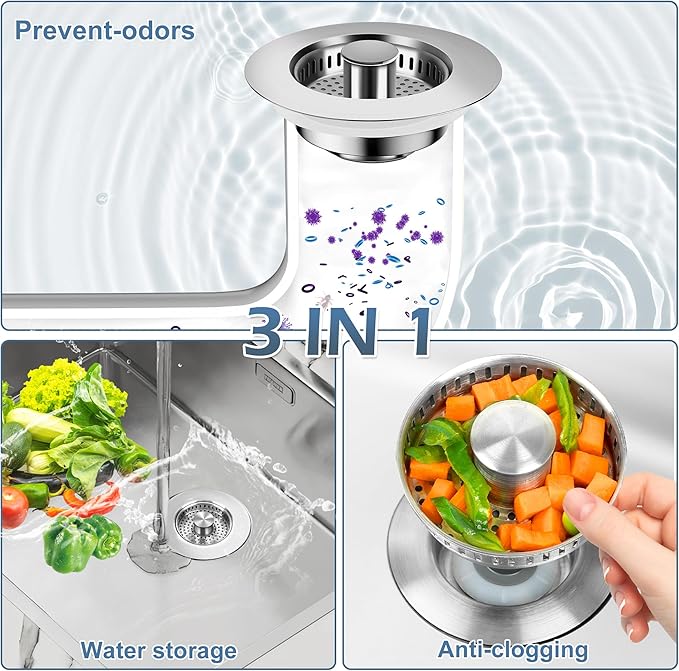 3 in 1 Kitchen Sink Drain Strainer ，304 Stainless Steel Kitchen Sink Stopper and Basket,Long-Term Water Storage，Bass Bounce Core，General，Filter for Standard 3-1/2 inch Drain (2-Pack)