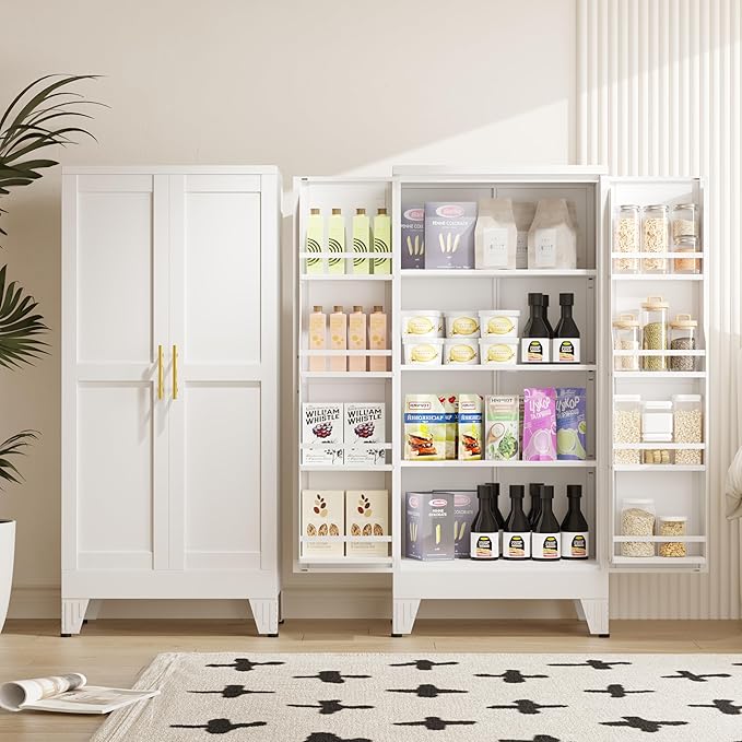 GAIOUS Metal Kitchen Pantry Cabinet, Storage Cabinets with 2 Door and 3 Adjustable Shelves, White Freestanding Food Storage Cabinet, Steel Cupboard for Kitchen Dinning Room