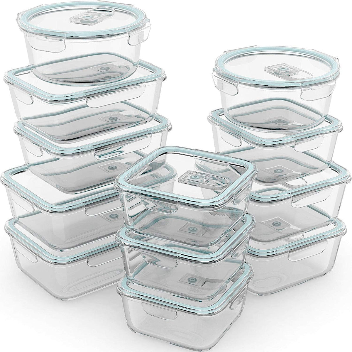 24 Pc Airtight Glass Food Storage Containers - Glass Meal Prep Containers - Freezer to Oven Safe - Steam Release Valve BPA Free - Airtight Bento Boxes - Leak Proof (12 lids & 12 Containers)