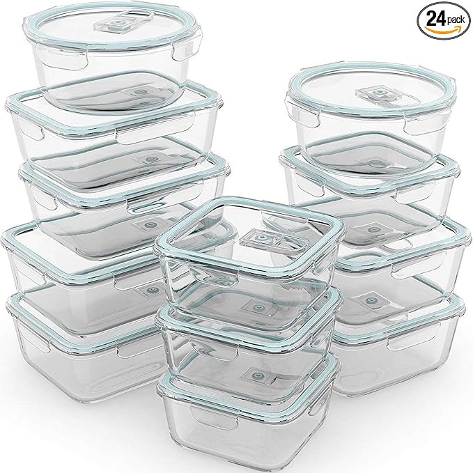 Razab 24 Pc Airtight Glass Food Storage Containers - Glass Meal Prep Containers - Freezer to Oven Safe - Steam Release Valve BPA Free - Airtight Bento Boxes - Leak Proof (12 lids & 12 Containers)
