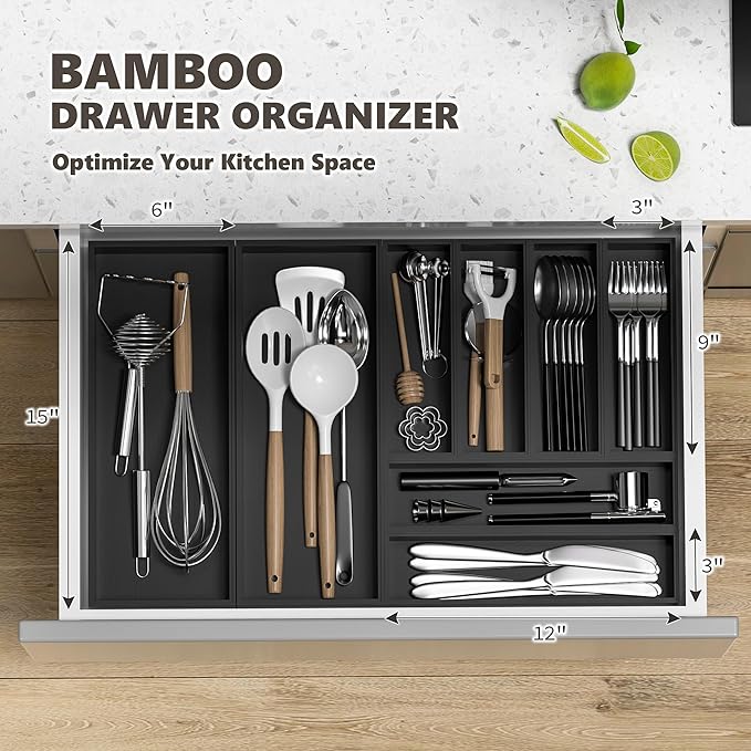 Kitchen Drawer Organizer Bins, Black Bamboo Drawer Organizer Stackable for Silverware, Utensils, Cutlery, Flatware, for Junk Drawer, Dresser, Bathroom