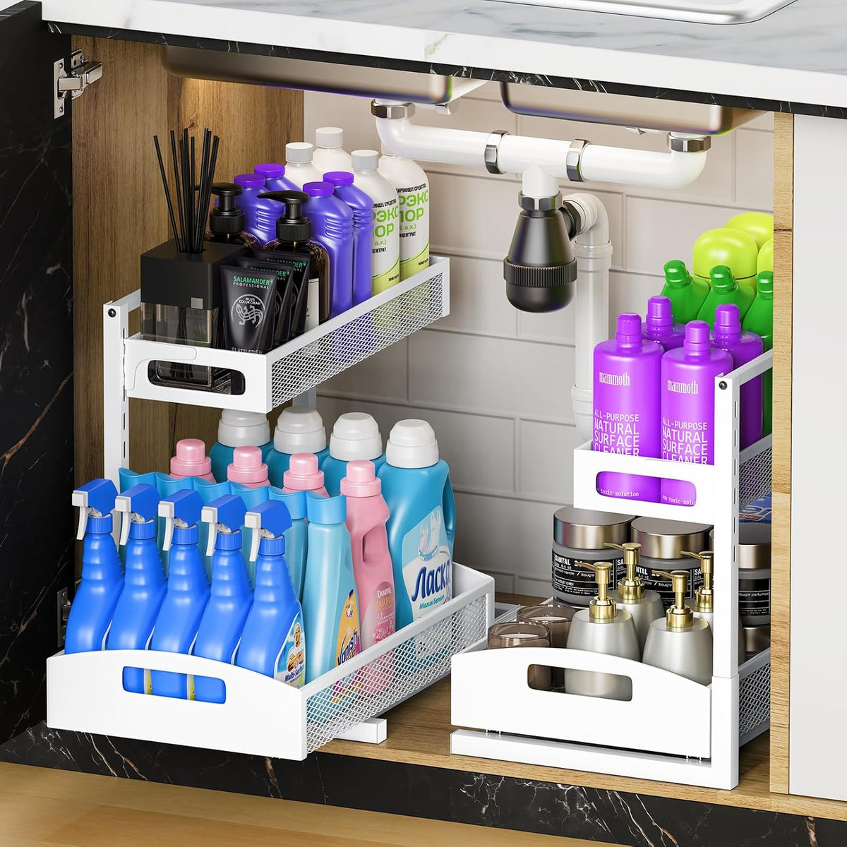Metal Under Sink Organizer, Pull Out Cabinet Organizer Rack with Silk-Smooth Bottom Drawer, 5-Level Adjustable, Multi-Purpose Storage Shelf for Bathroom, Kitchen, Vanity, Pantry (2-Pack)