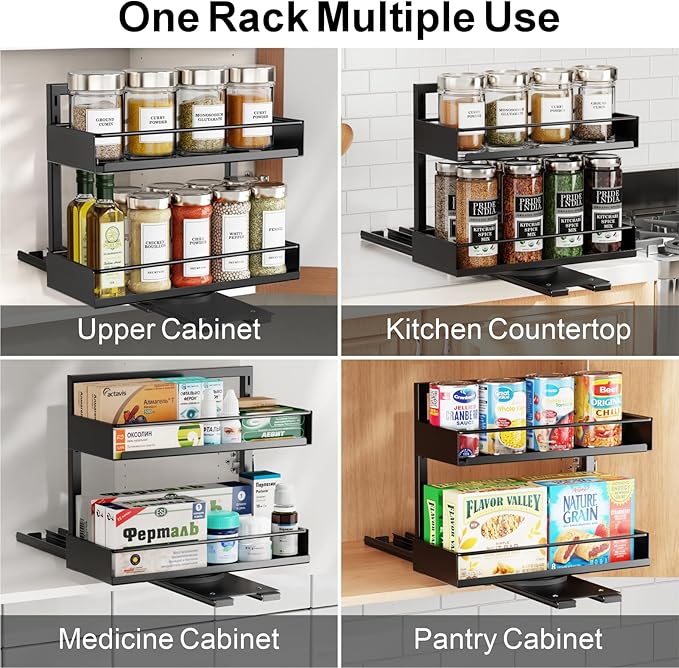 iSPECLE Pull Out Spice Rack - 2 Pack Rotate Peel and Stick No-Drill Vertical Spice Rack Organizer for Cabinet Easy Access Spices, Adjust Height for 4oz to 8oz Spice Jars Inside Kitchen Pantry Cabinet