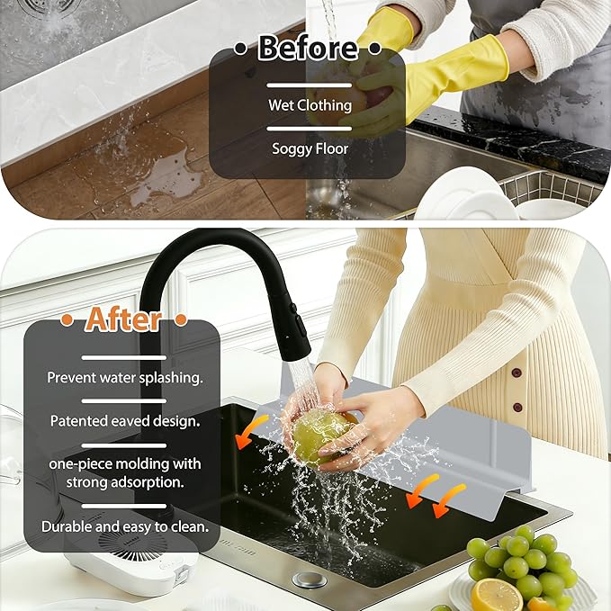 18Inch Sink Splash Guard – Extended Length & Tall Silicone Kitchen Sink Splash Guard with Overhang Drainage Design & Strong Suction Cups for Countertop (Grey, 18''x3.5'')