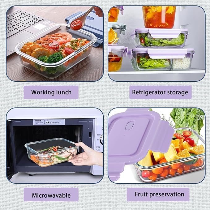 4Pack 13oz/0.37L Glass Meal Prep Containers with Lids, Glass Storage Containers with Lids, BPA-Free, Pantry Organizers and Storage, Freezer to Oven Safe (Purple)