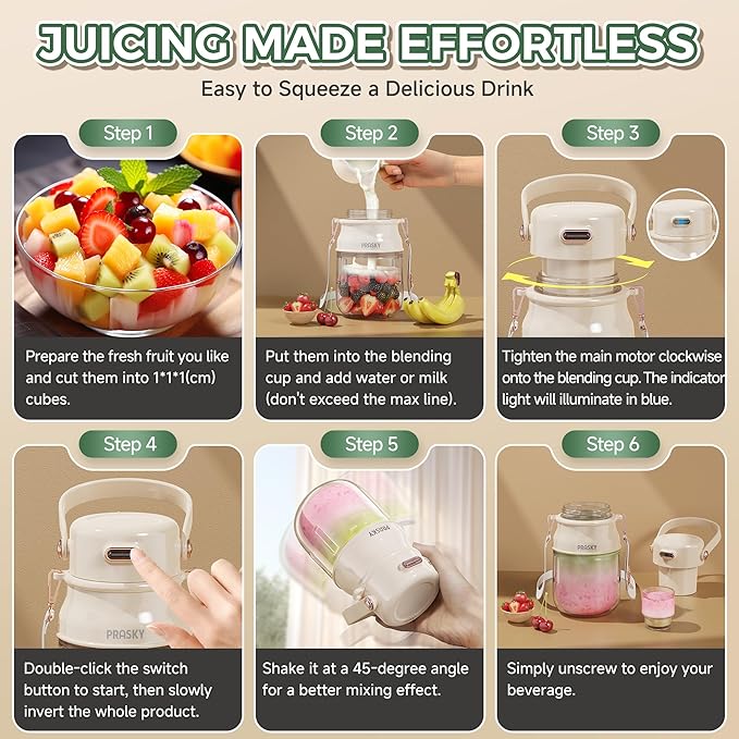 Portable Blender, Prasky Personal Blenders for Shakes and Smoothies with 27oz Cup, Lid and Shoulder Strap,Type-C USB Rechargeable, Personal Size Blenders BPA-free for Gym/Travel/Kitchen（White）