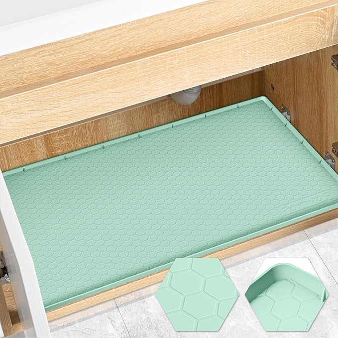 Waterproof Under Sink Mat 28" x 22", Silicone Cabinet Liner, Rubber Protector for Kitchen and Bathroom, Keeps Cabinets Clean, Dry, and Organized (Mint Green)