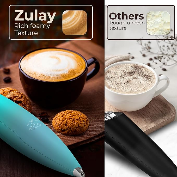 Zulay Kitchen Powerful Milk Frother Wand With Duracell Batteries - Ultra Fast Handheld Drink Mixer - Electric Whisk Foam Maker for Coffee, Lattes, Cappuccino & Matcha - Triple Whisk - Queen Turquoise
