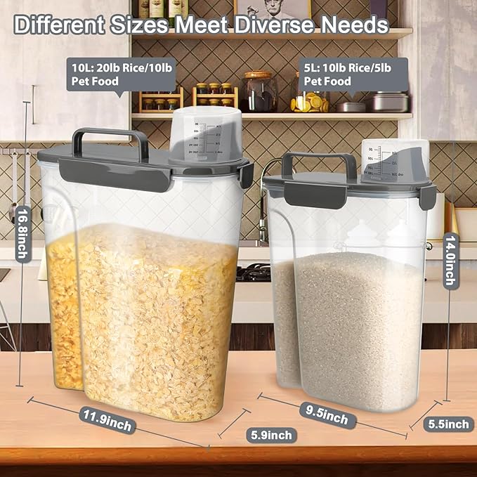 Komzon Rice Storage Containers, Airtight Cereal Containers Storage 20+10 lb, BPA Free Rice dispenser with Pouring Spout Portable Handle, Pet Dog Cat Bird Food Container