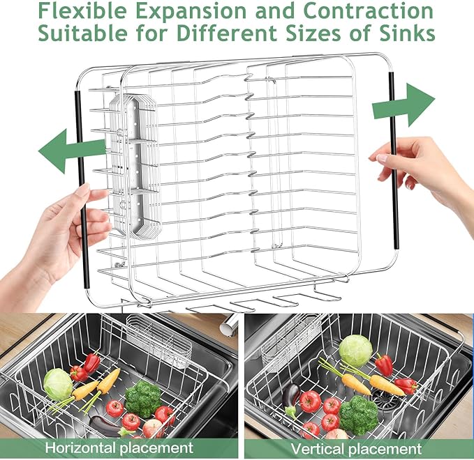 Fanbsy Dish Drying Rack in Sink, Extendable Stainless Steel Dish Drainers for Kitchen Counter, Anti-Rust Dish Dryer Rack with Utensil & Cup Holders, for Inside Sink, Over The Sink