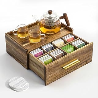 Acacia Wood Tea Bag Organizer with Storage Drawer | 8 Compartments Tea Caddy with Pattern Carving & 2 Ceramic Absorbent Coasters | Wooden Teabag Holder Tea Organizers for Countertop (Acacia)