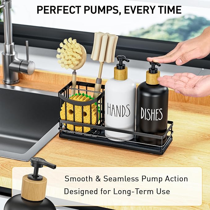Moforoco Kitchen Dish Soap Dispenser Set, 16OZ Glass Bottle, Hand and Dish Soap Dispenser Set, Instant Dry Tray, Brush Holder with Smiley Face Sponge Holder (Universal Black Tray+Black&White Bottle)