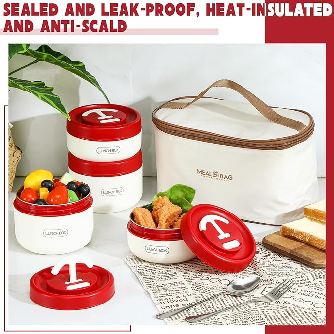 Dandat 4 Pcs Insulated Lunch Container, Portable Bento Box, Stainless Steel Lunch Box, Round Stackable Leakproof Thermal Food Container for Adult Men Women with Insulated Bag, 74 oz(Red)