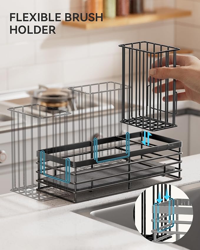 Yofidra Sponge Holder for Kitchen Sink, Sink Caddy Organizer with Stone Drying Mat, Kitchen Countertop Organizers and Storage Essentials, 304 Stainless Steel (Black, 9.3″)