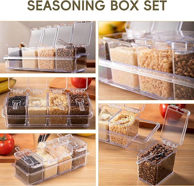 XJMWXHFC Clear Seasoning Box, 4 Pieces Seasoning Rack Spice Pots, Storage Container Condiment Jars Acrylic Seasoning Box with Covers and Spoons for Spice, Sugar, Salt, Sugar, Cardamon, Cinnamon