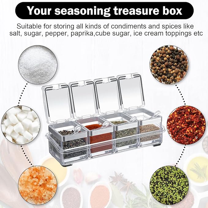 2 Set Acrylic Seasoning Organizer Box 10 x 4 x 3.2 in 8 Clear Seasoning Rack Spice Pot Condiment Container with Lid and Spoon Storage Container Spice Jar for Sugar Salt Kitchen Cooking Organizer