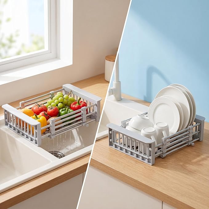 Extend Kitchen Sink Drain Basket, Adjustable Dish Drying Rack with Stainless Steel Drain Basket for Kitchen， Upgraded Retractable Kitchen Sink (Gray)