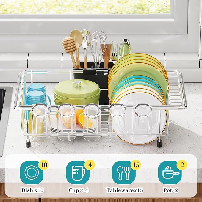 Simple Trending Adjustable Dish Drying Rack in Sink, Dish Drainers for Small Kitchen, Counter Inside Sink, Over the Sink with Utensil Holder
