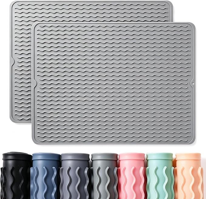 CAKETIME 2 Pack Silicone Dish Drying Mat for Kitchen Counter Heat Resistant Pads Hot Dishes Waterproof with Under Sink Soap Holder Coffee Bar Accessories Women Gifts Extra Large 24"x18" Light Gray
