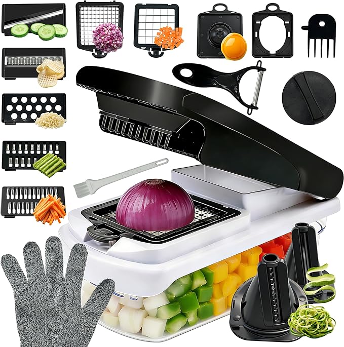 17-in-1 Multi Functional Vegetable Chopper with Multiple Blades - Veggie Chopper, Onion Chopper, Food Chopper with Container, Includes Peeler, Cut-Resistant Glove, Dicer, Mandoline Slicer for Kitchen