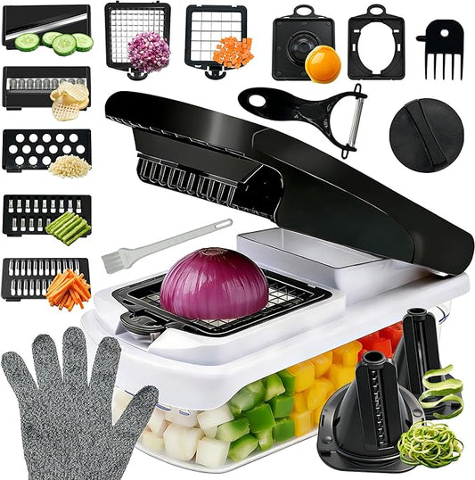 17-in-1 Multifunctional Vegetable Chopper, Kitchen Gadgets with Container, Quick Chopping Stainless steel Slicer for Salad & Onion, Dishwasher Safe Food Chopper for Home Cooking Essentials