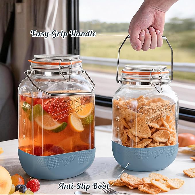 2 Pack Square 1 Gallon Glass Jar with Airtight Lid, Large Mason Jars Wide Mouth 128 Oz with Scale Marks & Handle, Glass Storage Containers with Anti-slip Base for Kitchen, Pantry, Laundry Room, Flour