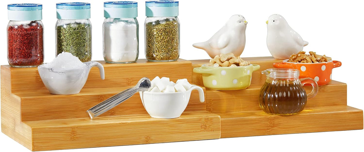 Bamboo Expandable Spice Rack Organizer, 3-Tier Adjustable Kitchen Cabinet