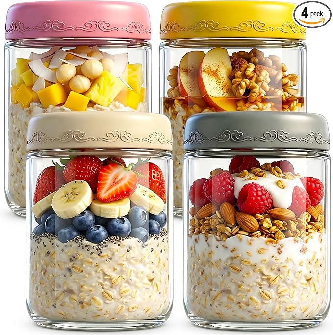 16oz 4Pack Glass Overnight Oats Jars Containers with Airtight Leakproof Lids, Reusable Mason Jars for Meal Prep, Yogurt Parfaits, Smoothies, Salads & Healthy Breakfasts (16 OZ-4-2)