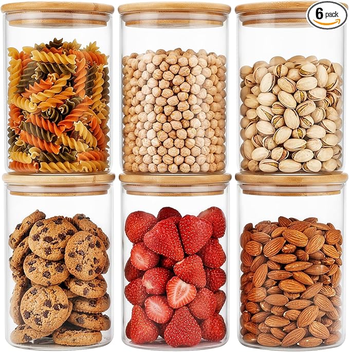 Moretoes 6Pack 1qt Glass Storage Containers with Bamboo Lids, Airtight Pantry Storage Jars for Flour, Sugar, Dry Goods