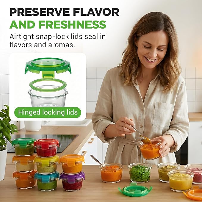 NutriChef 24-Piece (12 Glass Food Storage Containers and 12 Lids), 4.48oz Mini Stackable Meal Prep Round Containers - Microwave, Freezer, & Dishwasher Safe For Food, Snacks, Fruits, Nuts & More
