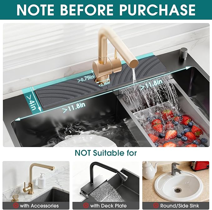Quick Dry Stone Faucet Mat for Kitchen Sink - 23.6"x3.9" Natural Diatomite Stone Drying Mat for Kitchen Counter, Auto Drainage Sink Protector, Water Splash Guard for Bathroom (Dark Grey)