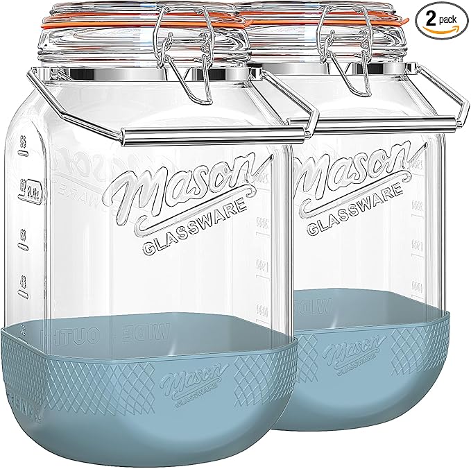 2 Pack Square 1 Gallon Glass Jar with Airtight Lid, Large Mason Jars Wide Mouth 128 Oz with Scale Marks & Handle, Glass Storage Containers with Anti-slip Base for Kitchen, Pantry, Laundry Room, Flour