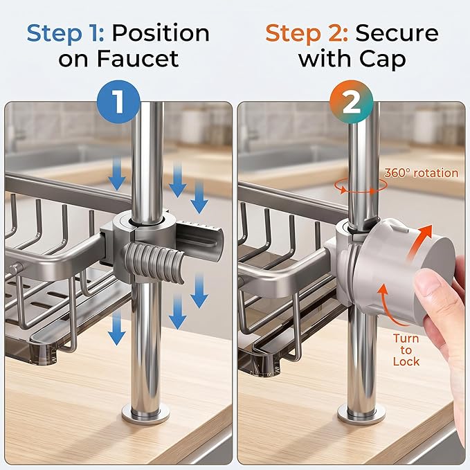 Sink Caddy for Kitchen Sink, Sponge Holder Over Faucet Organizer with Drain Tray Hook, Space Aluminum Fits 0.7-1.1" Round Pipes (Grey Left A)