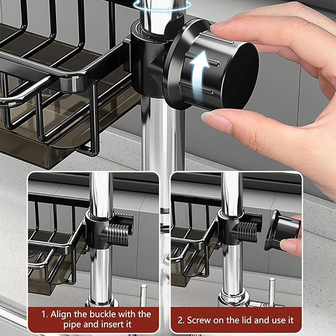 Kitchen Sink Faucet Organizer, Sponge Holder Over Faucet Kitchen Sink Caddy Organizer, Multifunction Organizer Rack for Bathroom, Scrubbers, Soap, Work With 0.7-1.1inch Round Water Pipe (Black, Left)