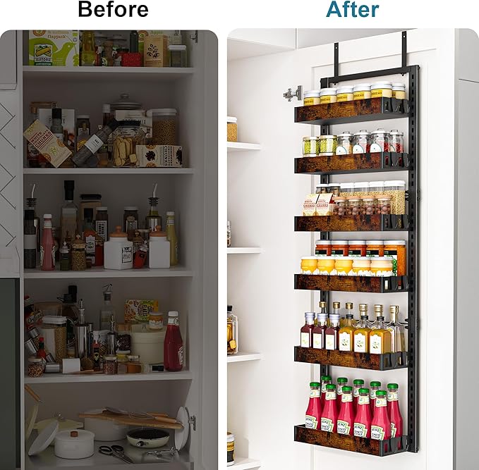 BUKFEN 6-Tier Over the Door Pantry Organizer, 2-in-1 Door Hanging or Wall Mounted Spice Rack, Heavy Duty Metal Storage Shelves with Adjustable Wooden Baskets for Kitchen Bathroom Closet