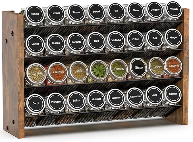 NESAPTO Spice Rack Organizer for Cabinet, Wood 4-Tier Vertical Seasoning Organizer, Wall Mount or Countertop Spice Shelf, Holds 32 Jars (No Jars Included), 15.7" W x 9.4" H