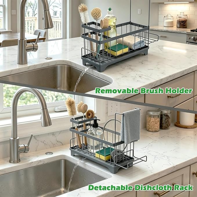 Sponge Holder for Kitchen Sink, Sink Caddy Organizer with Detachable Cloth & Brush Holder, Self-Draining Sponge Caddy Organizer with 360° Rotatable Spout, Kitchen Countertop Storage Accessories(Gray)