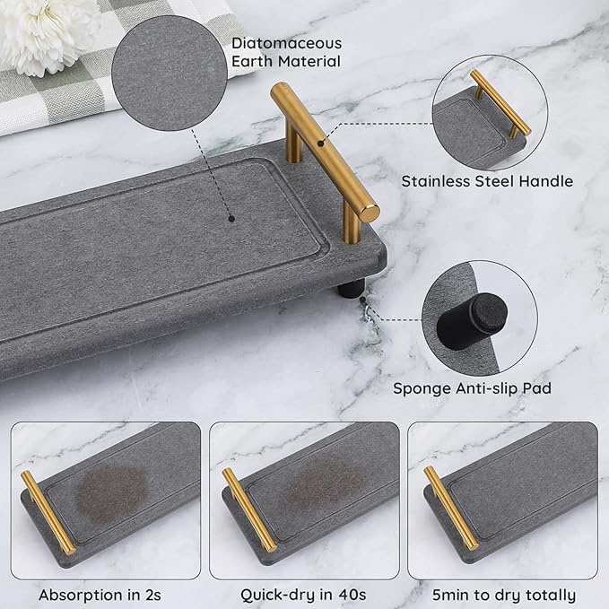 Segbeauty 12x4 Instant Dry Sink Caddy, Water Absorbing Stone Drying Tray for Kitchen Counter, Quick Dry Diatomaceous Tray Countertop Organizer Rack Soap Holder Bathroom Tray for Soap Dispenser Bottle