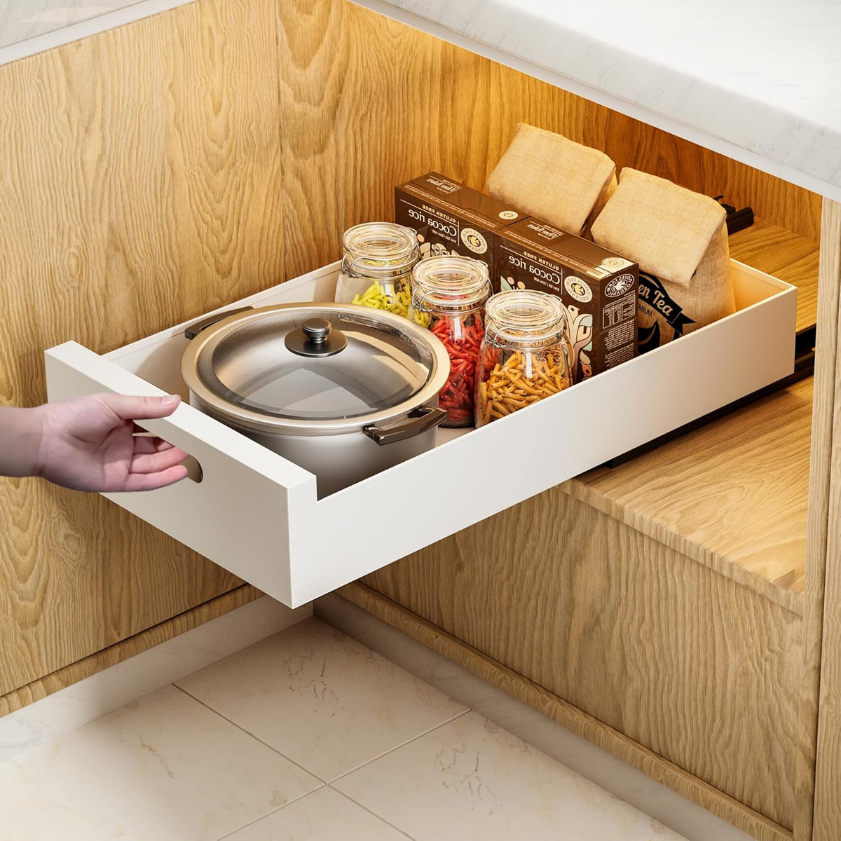 1 Pack | 21" Deep Pull Out Cabinet Organizer Adhesive, 10-Inch Wide Sturdy Carbon Steel Roll-Out Drawers, Designed for Frameless Cabinets, Slide-Out Shelves for Pantry.