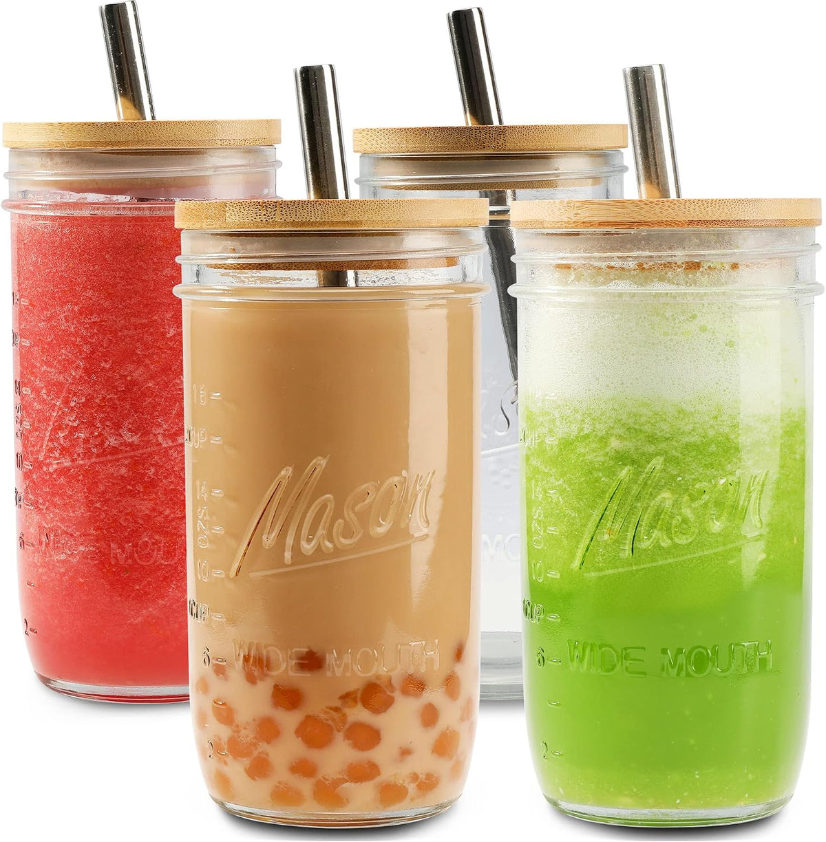 4 Pack Reusable Tea Cups, Glass Jars 24oz Wide Mouth Smoothie Cups with Bamboo Lids and Silver Straws, Drinking Glass Bubble Tea Cups for Iced Coffee Travel Bottle