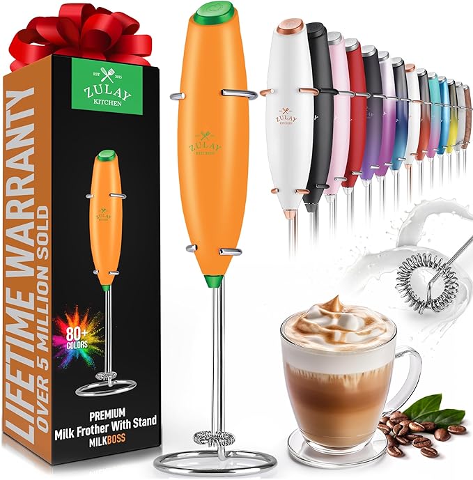 Zulay Kitchen Powerful Milk Frother Wand - Ultra Fast Handheld Drink Mixer - Electric Whisk Foam Maker for Coffee, Lattes, Cappuccino, Matcha & Creamer - Jet Orange