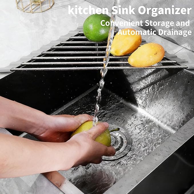 OYEWALLS Corner Sink Roll Up Triangular Dish Drying Rack, Small Multipurpose Stainless Steel Corner Shelf Over the Sink, Kitchen Drainer & Organizer for Space-Saving Storage