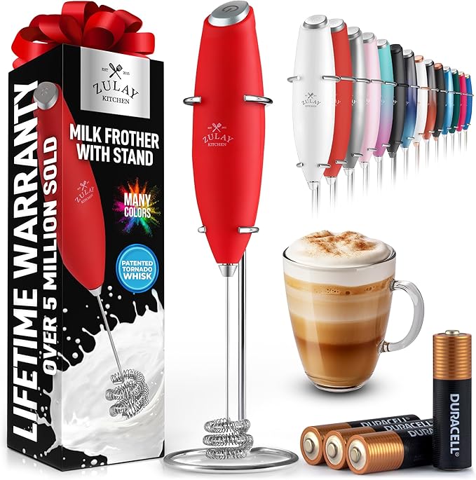 Zulay Kitchen Powerful Milk Frother Wand With Duracell Batteries - Ultra Fast Handheld Drink Mixer - Electric Whisk Foam Maker for Coffee, Lattes, Cappuccino & Matcha - Triple Whisk - Maroon Red
