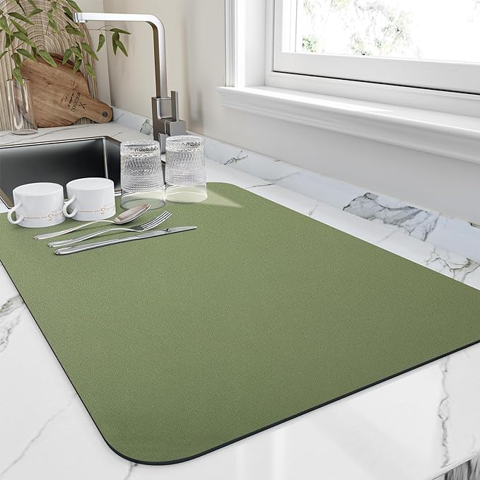 HotLive Dish Drying Mat for Kitchen Counter, Heat Resistant Drainer Mats with Non-slip Rubber Backed, Hide Stain Kitchen Super Absorbent Draining Mat, Easy to Clean Dish Rack Pad, Green 18"x24"