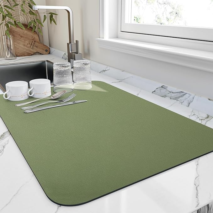 HotLive Dish Drying Mat for Kitchen Counter, Heat Resistant Drainer Mats with Non-slip Rubber Backed, Hide Stain Kitchen Super Absorbent Draining Mat, Easy to Clean Dish Rack Pad, Green 18"x32"