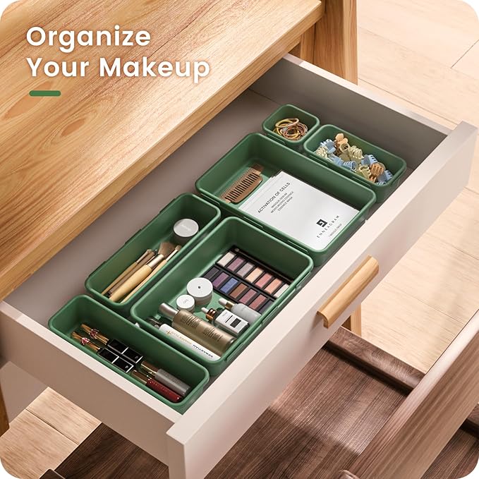 A-LuGei 【Military Grade Drawer Organizer, 【𝟱𝗦𝗶𝘇𝗲】 Makeup organizer, 【Holds 177 Items】 Bathroom Organizers and Storage, Organization and Storage, Desk Drawer Organizer for Vanity (Green)