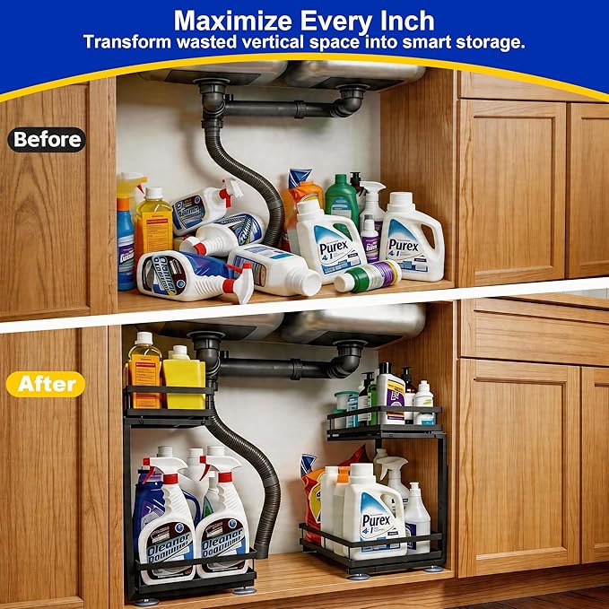Under Sink Organizer, Dual-Rail Ball-Bearing, Under Kitchen Sink Organizer, 6-Level Adjustable, Under Cabinet Organizer, No-Drill Adhesive/Suction, Under Sink Storage (Black, Double Layer - 2 Pack)