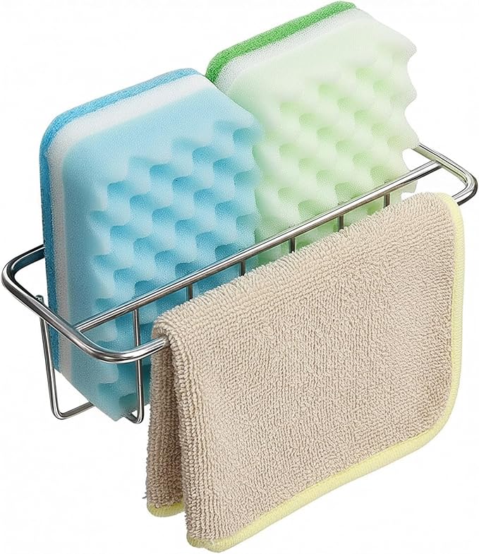 KESOL Adhesive Kitchen Sink Sponge Holder + Dish Cloth Hanger + Soap Holder, 2-in-1 Kitchen Sink Caddy, 304 Stainless Steel Rust Proof, Water Proof, No Drilling (Silver)