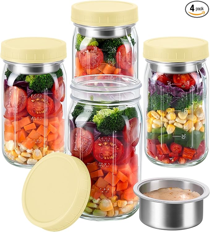 KTKUDY 4 Pack 32 oz Glass Salad Jars with Dressing Cups (Pod) - Meal Prep Salad Container for Lunch - Leakproof Mason Jars with Lids