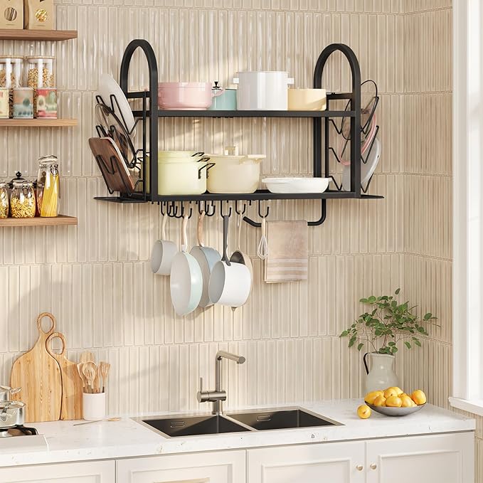 HOOBRO 30 Inch Pot Rack Wall Mounted, 2 Tier Pots and Pans Organizer with 6 Lid Holders and 10 Hooks, Wall-Mounted Pan Hanger with Towel Bar, for Kitchen Cookware Utensils Storage, Black BB100TL01